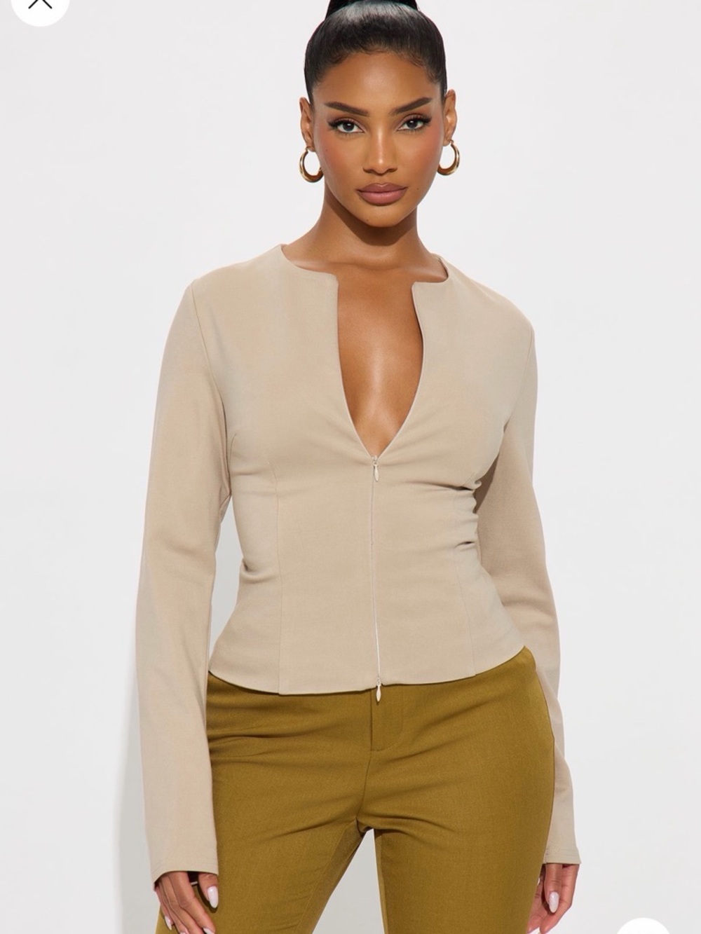 Long-Sleeve Zip Front V-Neck Top in Beige